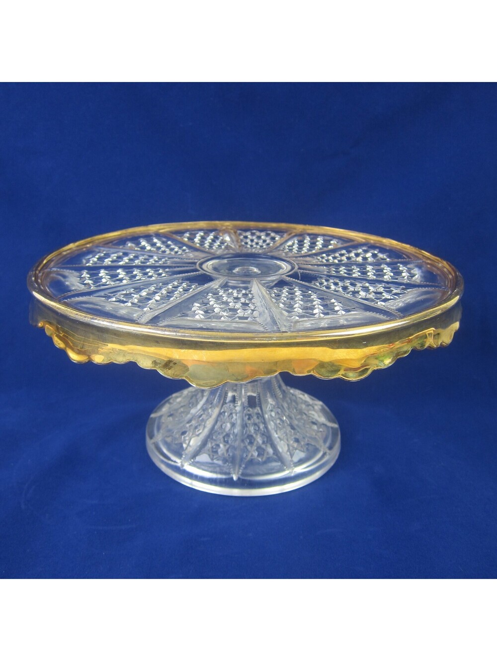 Antique EAPG Pedestal Cake Stand Duncan's Sons #44 Clear & Gold Rim Victorian